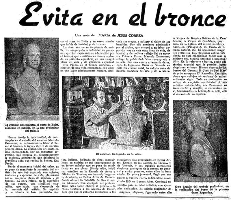 Artículo del periódico "Viernes" con reportaje a Marcelo Zamuner sobre la realización de un busto de Eva Perón en bronce (marzo de 1950).