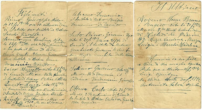 Anotaciones de Leone Zamuner sobre el nacimiento de sus hijos.