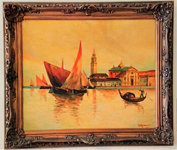 Cuadro pintado por Marcelo Zamuner con marco confeccionado por Rino Zamuner. Cuadro que representa la iglesia de San Giorgio Maggiore, en la isla del mismo nombre en Venecia. Marcelo Zamuner estudió en la Academia de Bellas Artes de Venecia antes de 1924, y pintó el cuadro en 1950 con los detalles que recordaba.